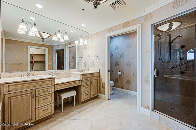 1 Riverpointe Plz Unit 1112, Jeffersonville, IN 47130 - bathroom with double vanity, ornamental molding, a shower stall, toilet, and a chandelier