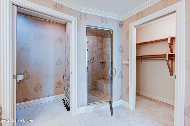 1 Riverpointe Plz Unit 1112, Jeffersonville, IN 47130 - full bathroom featuring a spacious closet, a stall shower, baseboards, and ornamental molding