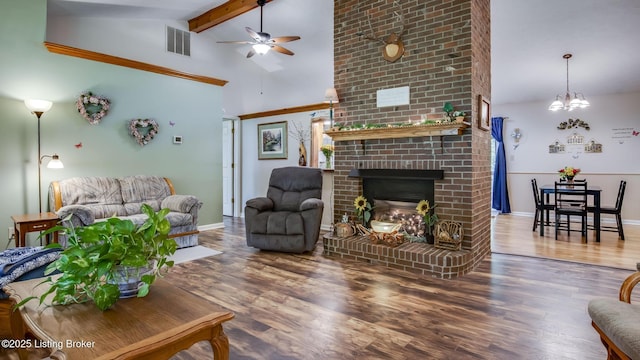1625 Tina Ct, La Grange, KY 40031 - living room with ceiling fan, beam ceiling, wood finished floors, a fireplace, and baseboards