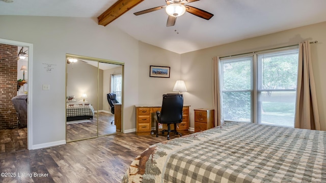 1625 Tina Ct, La Grange, KY 40031 - bedroom featuring dark wood-type flooring, a closet, an office area, a ceiling fan, and baseboards