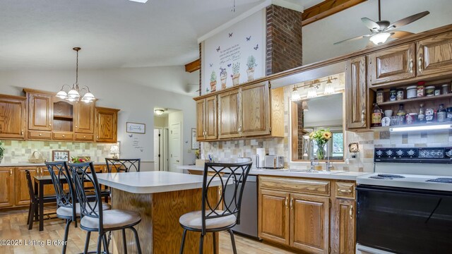 1625 Tina Ct, La Grange, KY 40031 - kitchen featuring electric range oven, open shelves, light countertops, vaulted ceiling, and light wood-style flooring