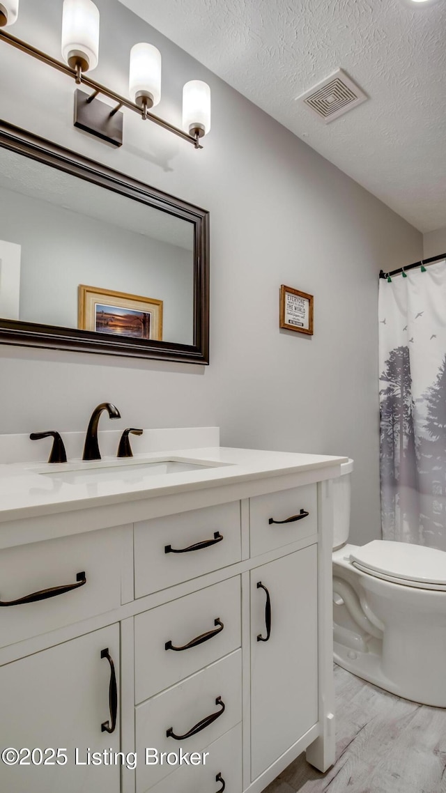 1625 Tina Ct, La Grange, KY 40031 - bathroom featuring vanity, toilet, wood finished floors, a textured ceiling, and a shower with curtain