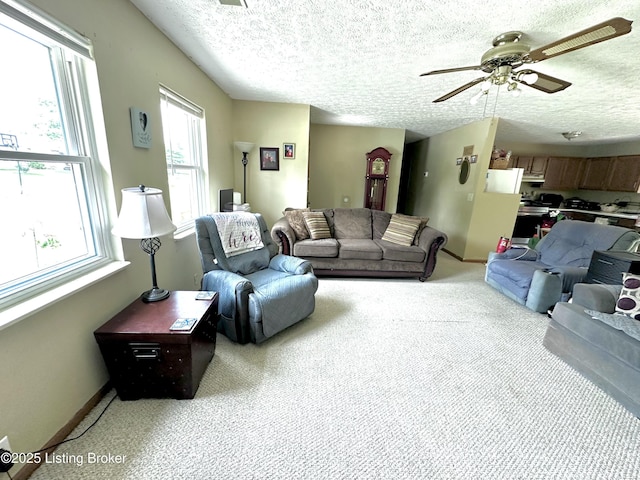 186 Lillian Ave, Elizabethtown, KY 42701 - living area featuring light colored carpet, healthy amount of natural light, ceiling fan, baseboards, and a textured ceiling