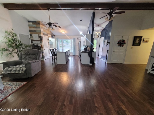 3007 Cline Ct, Carrollton, KY 41008 - living area with a ceiling fan, beam ceiling, dark wood finished floors, baseboards, and high vaulted ceiling