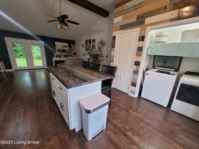 3007 Cline Ct, Carrollton, KY 41008 - kitchen with white cabinets, dark wood-type flooring, a ceiling fan, dark countertops, and open floor plan