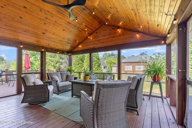4002 Rock Bay Dr, Louisville, KY 40245 - sunroom / solarium featuring a wooden deck, wood ceiling, outdoor lounge area, hardwood / wood-style floors, and a ceiling fan