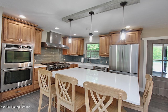 2004 Kepley Rd, Georgetown, IN 47122 - kitchen featuring appliances with stainless steel finishes, wall chimney range hood, healthy amount of natural light, a sink, and recessed lighting