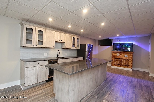 2004 Kepley Rd, Georgetown, IN 47122 - kitchen featuring freestanding refrigerator, baseboards, dark wood finished floors, a sink, and recessed lighting