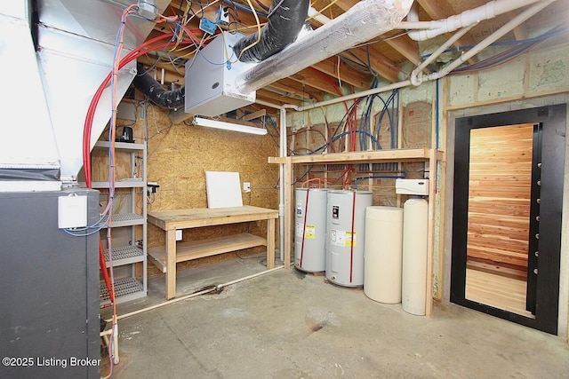 2004 Kepley Rd, Georgetown, IN 47122 - unfinished below grade area with electric water heater, a water softener, heating unit, and a heating unit