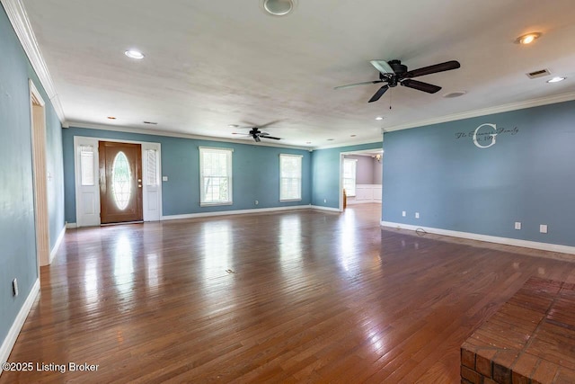766 Pottershop Rd, Bardstown, KY 40004 - unfurnished living room featuring ceiling fan, crown molding, wood finished floors, and recessed lighting