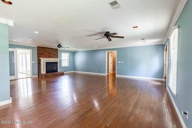 766 Pottershop Rd, Bardstown, KY 40004 - unfurnished living room with a ceiling fan, dark wood finished floors, ornamental molding, recessed lighting, and a fireplace