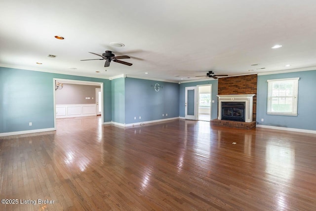 766 Pottershop Rd, Bardstown, KY 40004 - unfurnished living room featuring ceiling fan, ornamental molding, wood finished floors, a fireplace, and recessed lighting