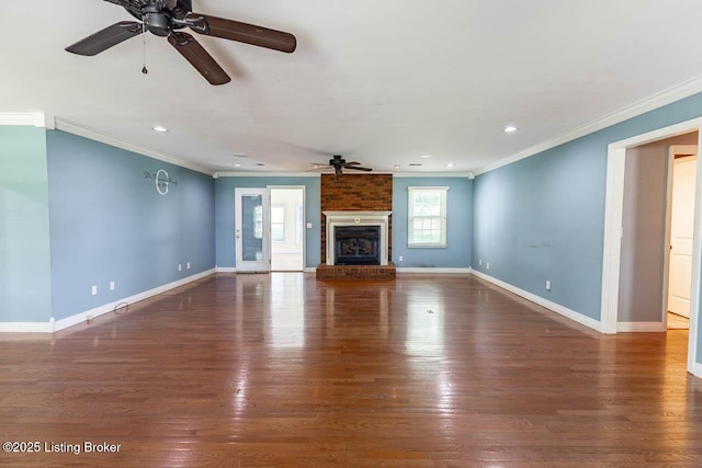 766 Pottershop Rd, Bardstown, KY 40004 - unfurnished living room with ceiling fan, wood finished floors, ornamental molding, a fireplace, and recessed lighting
