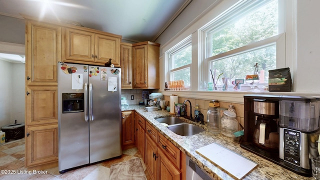 1344 S Brook St, Louisville, KY 40208 - kitchen with stainless steel refrigerator with ice dispenser, a sink, light stone countertops, decorative backsplash, and ornamental molding