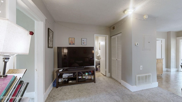 1344 S Brook St, Louisville, KY 40208 - living area featuring a textured ceiling, light colored carpet, and baseboards