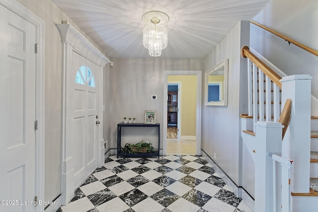 1007 Girard Dr, Louisville, KY 40222 - foyer with a chandelier, stairway, baseboards, and light tile patterned flooring