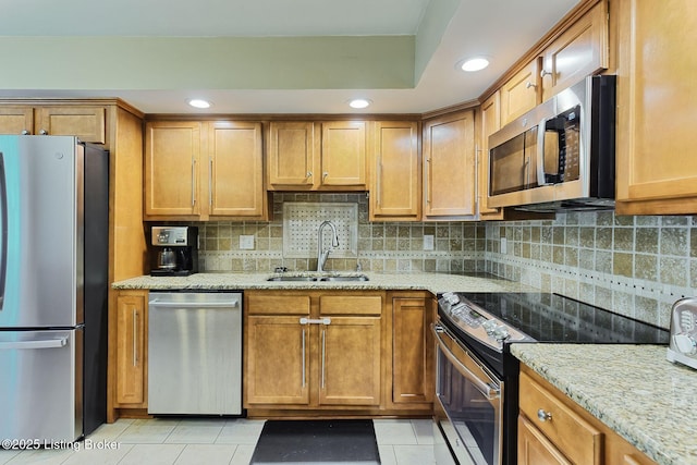 1007 Girard Dr, Louisville, KY 40222 - kitchen featuring appliances with stainless steel finishes, a sink, light tile patterned floors, decorative backsplash, and recessed lighting