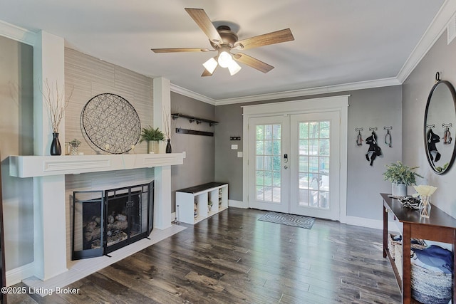 1007 Girard Dr, Louisville, KY 40222 - living area with french doors, a ceiling fan, wood finished floors, a fireplace, and baseboards