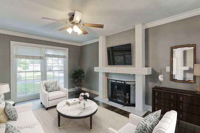 1007 Girard Dr, Louisville, KY 40222 - living room featuring a large fireplace, crown molding, a ceiling fan, wood finished floors, and baseboards
