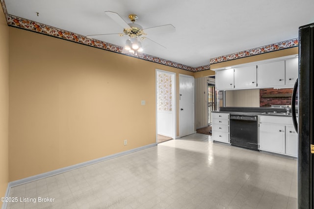 7509 Appletree Way, Louisville, KY 40228 - kitchen featuring black appliances, a ceiling fan, white cabinets, dark countertops, and light flooring
