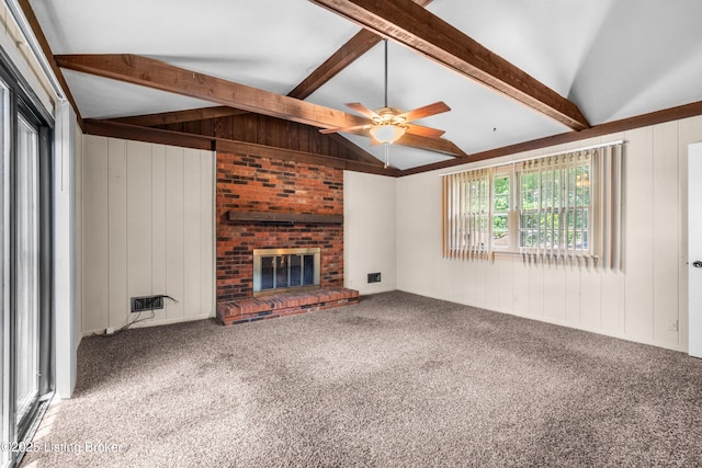 7509 Appletree Way, Louisville, KY 40228 - unfurnished living room featuring carpet, wood walls, ceiling fan, and a brick fireplace