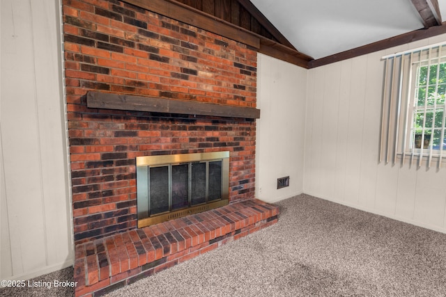 7509 Appletree Way, Louisville, KY 40228 - unfurnished living room with a brick fireplace, carpet, and lofted ceiling