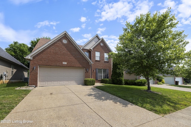 8811 Eli Dr, Louisville, KY 40291 - traditional home with brick siding, an attached garage, concrete driveway, and a front lawn