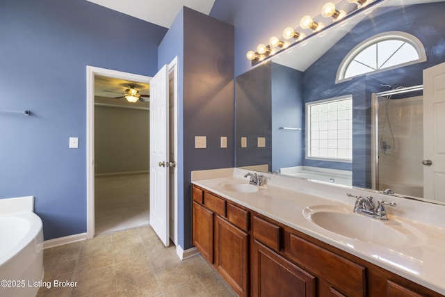 8811 Eli Dr, Louisville, KY 40291 - bathroom featuring a bath, a stall shower, double vanity, lofted ceiling, and ceiling fan
