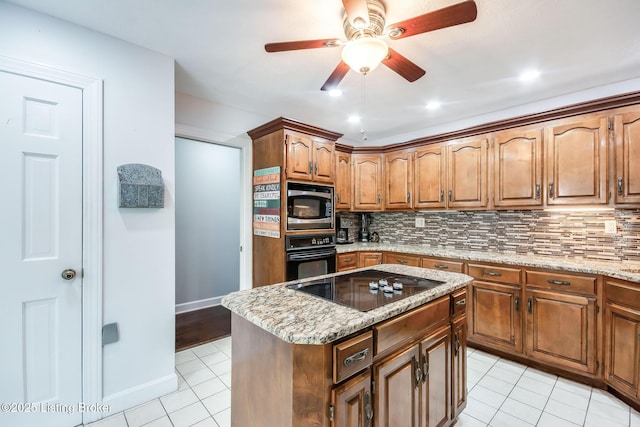 2508 Windsor Forest Dr, Louisville, KY 40272 - kitchen with black appliances, light tile patterned floors, backsplash, light stone counters, and recessed lighting