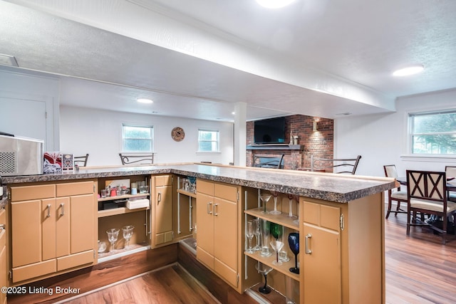 2508 Windsor Forest Dr, Louisville, KY 40272 - kitchen featuring dark wood finished floors, a fireplace, open shelves, and a textured ceiling
