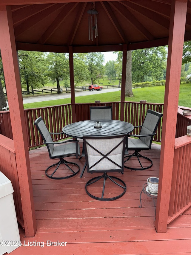 2508 Windsor Forest Dr, Louisville, KY 40272 - wooden terrace featuring a gazebo, outdoor dining space, a yard, and view of scattered trees