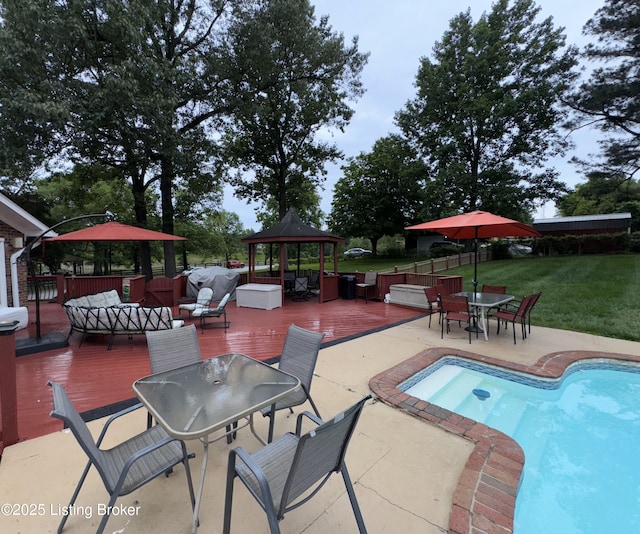 2508 Windsor Forest Dr, Louisville, KY 40272 - view of pool with a gazebo, outdoor dining area, a deck, a yard, and a patio area