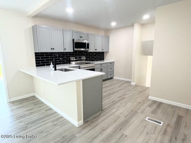 7402 Nottoway Cir, Louisville, KY 40214 - kitchen with stainless steel appliances, gray cabinets, light countertops, a peninsula, and light wood-type flooring