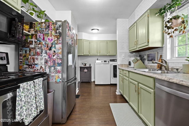 9712 Keys Ferry Rd, Fairdale, KY 40118 - kitchen featuring green cabinets, stainless steel appliances, and independent washer and dryer