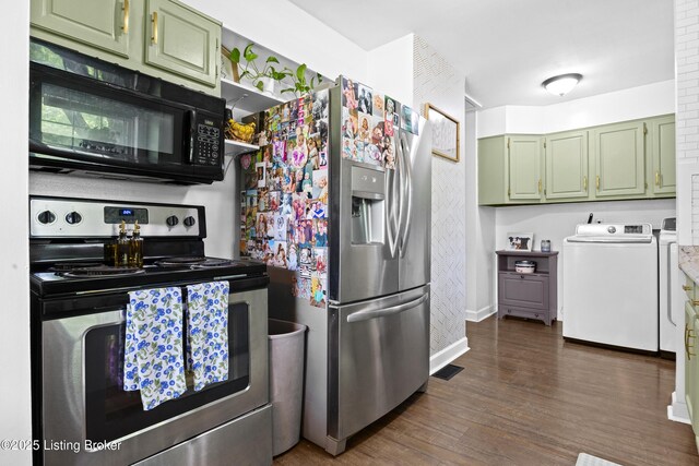 9712 Keys Ferry Rd, Fairdale, KY 40118 - kitchen featuring green cabinetry, stainless steel appliances, washing machine and clothes dryer, and dark wood-style flooring