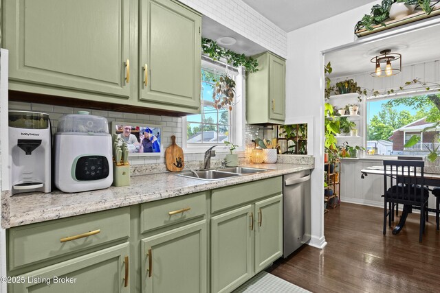 9712 Keys Ferry Rd, Fairdale, KY 40118 - kitchen with green cabinetry, a sink, stainless steel dishwasher, dark wood-style flooring, and decorative backsplash