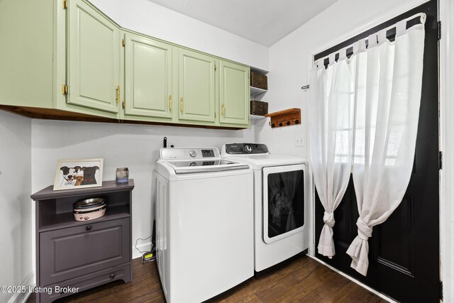 9712 Keys Ferry Rd, Fairdale, KY 40118 - laundry area with washer and dryer, dark wood-style floors, and cabinet space
