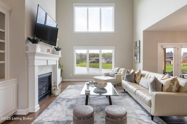 2004 Scenic Lakes Dr, Louisville, KY 40245 - living area featuring a high ceiling, a glass covered fireplace, healthy amount of natural light, and dark wood-style floors