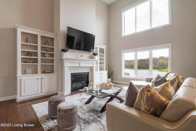 2004 Scenic Lakes Dr, Louisville, KY 40245 - living area with a towering ceiling, a stone fireplace, wood finished floors, and baseboards