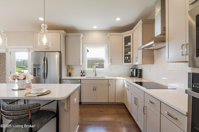 2004 Scenic Lakes Dr, Louisville, KY 40245 - kitchen with stainless steel appliances, wall chimney range hood, a sink, a kitchen breakfast bar, and plenty of natural light