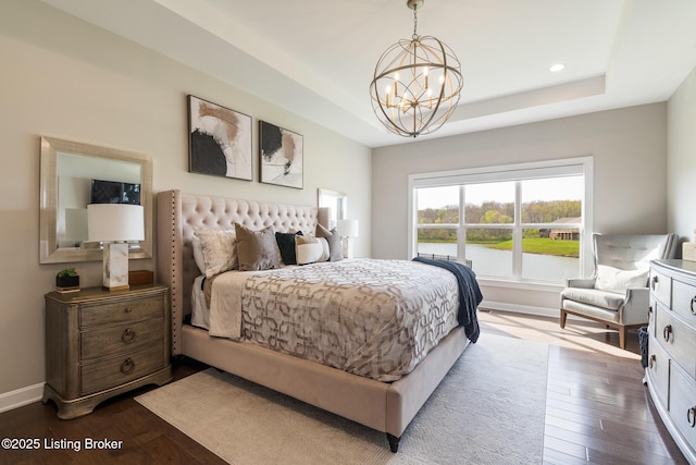 2004 Scenic Lakes Dr, Louisville, KY 40245 - bedroom featuring a chandelier, a raised ceiling, dark wood-style flooring, baseboards, and recessed lighting