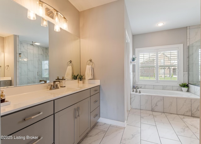 2004 Scenic Lakes Dr, Louisville, KY 40245 - full bath featuring marble finish floors, vanity, a garden tub, and a marble finish shower