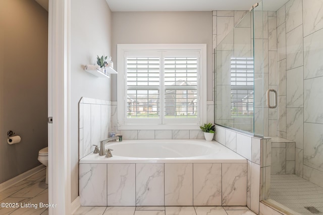 2004 Scenic Lakes Dr, Louisville, KY 40245 - bathroom featuring a marble finish shower, a garden tub, toilet, and healthy amount of natural light