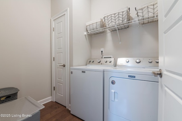 2004 Scenic Lakes Dr, Louisville, KY 40245 - laundry area featuring washer and clothes dryer, dark wood-style floors, and baseboards