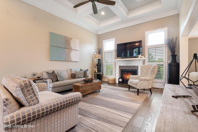 14829 Ava Brook Cir, Louisville, KY 40245 - living room featuring coffered ceiling, beamed ceiling, a ceiling fan, a warm lit fireplace, and wood finished floors