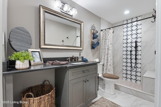 14829 Ava Brook Cir, Louisville, KY 40245 - full bath featuring tiled shower, marble look tiles, vanity, and toilet