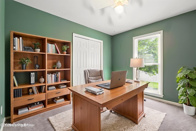 4303 Fence Pl, Louisville, KY 40241 - carpeted home office featuring healthy amount of natural light, a ceiling fan, and baseboards