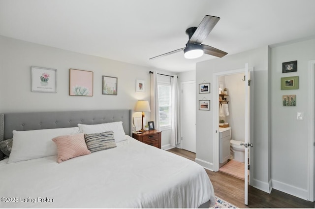 4523 Blenheim Rd, Louisville, KY 40207 - bedroom featuring dark wood finished floors, baseboards, a ceiling fan, and connected bathroom