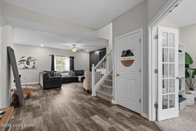1105 Johnson Ridge Rd, Louisville, KY 40245 - entryway featuring stairway, ceiling fan, wood finished floors, and baseboards