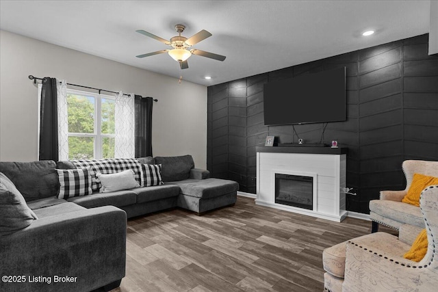 1105 Johnson Ridge Rd, Louisville, KY 40245 - living area with a ceiling fan, wood finished floors, a large fireplace, and recessed lighting